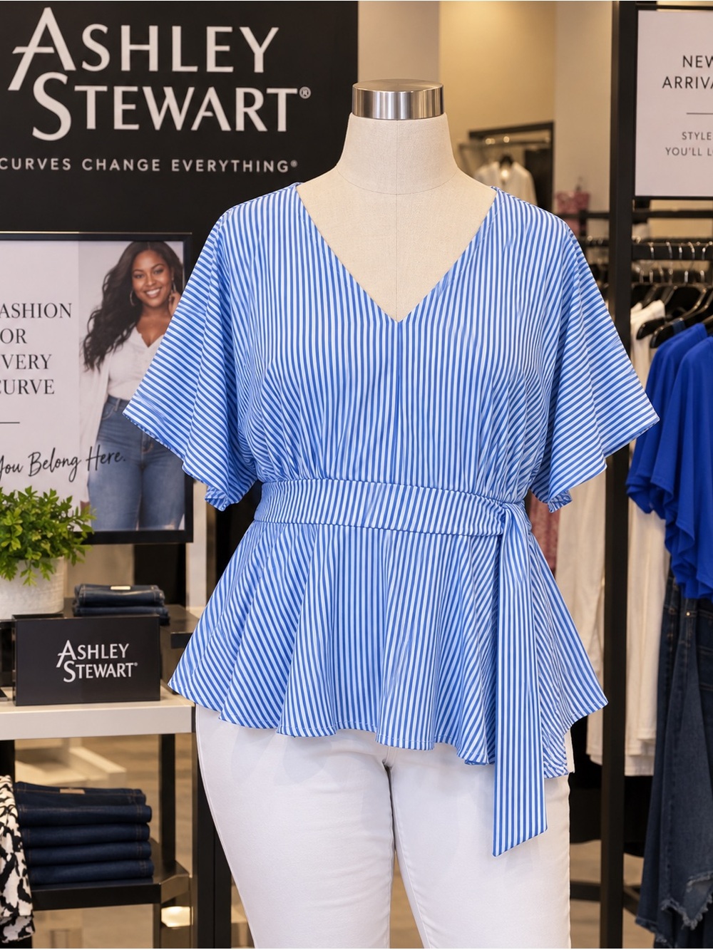 Ashley Stewart Light Blue & White Striped V-Neck Peplum Blouse ⭐️⭐️